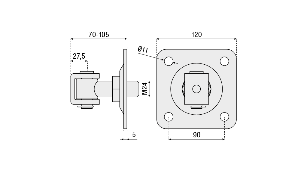 Swing Gate Adjustable Weld-on Hinge M24 With Square Fixing Plate